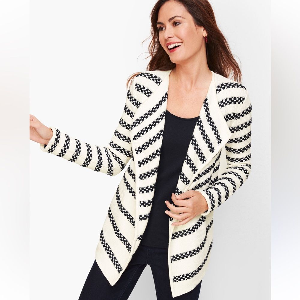 TALBOTS L White Black Lumpy Checkered Stripes Cotton Knit Open Front Cardigan